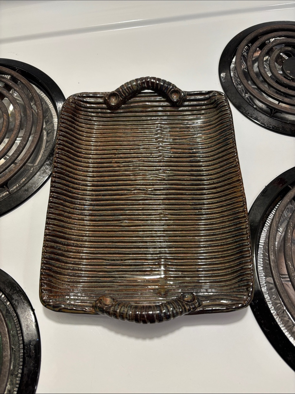 Ribbed Ceramic Serving Tray with Twin Sculpted Handles - Brown